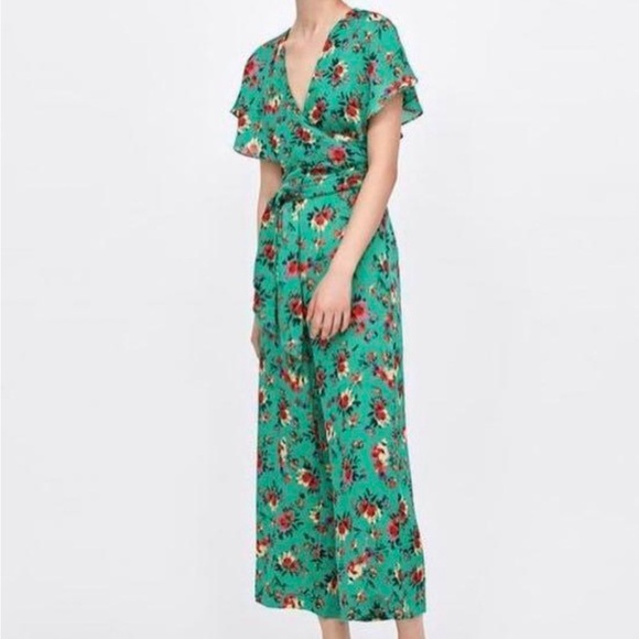 ZARA BASIC GREEN FLORAL SLEEVELESS WIDE LEG JUMPSUIT WITH WRAP TIE SZ XS - Picture 2 of 9